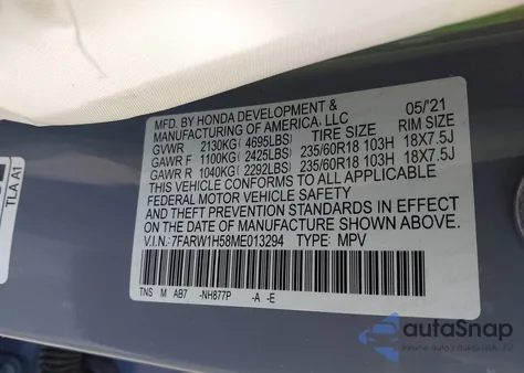 2021 Honda Cr-V 2Wd Ex from USA, damaged, VIN 7FARW1H58ME013294